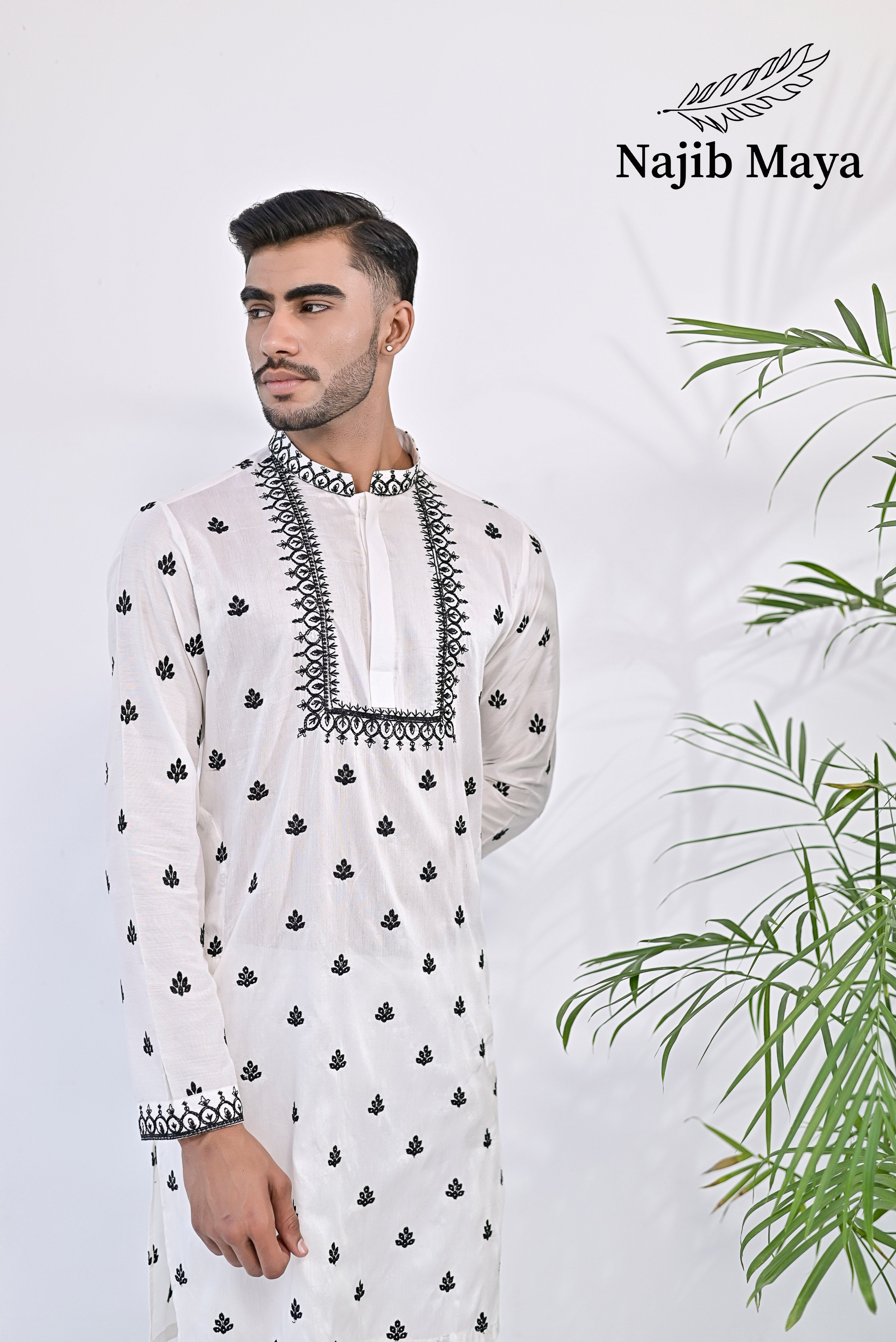 White & Black Embroidery Kurta pajama For Men's