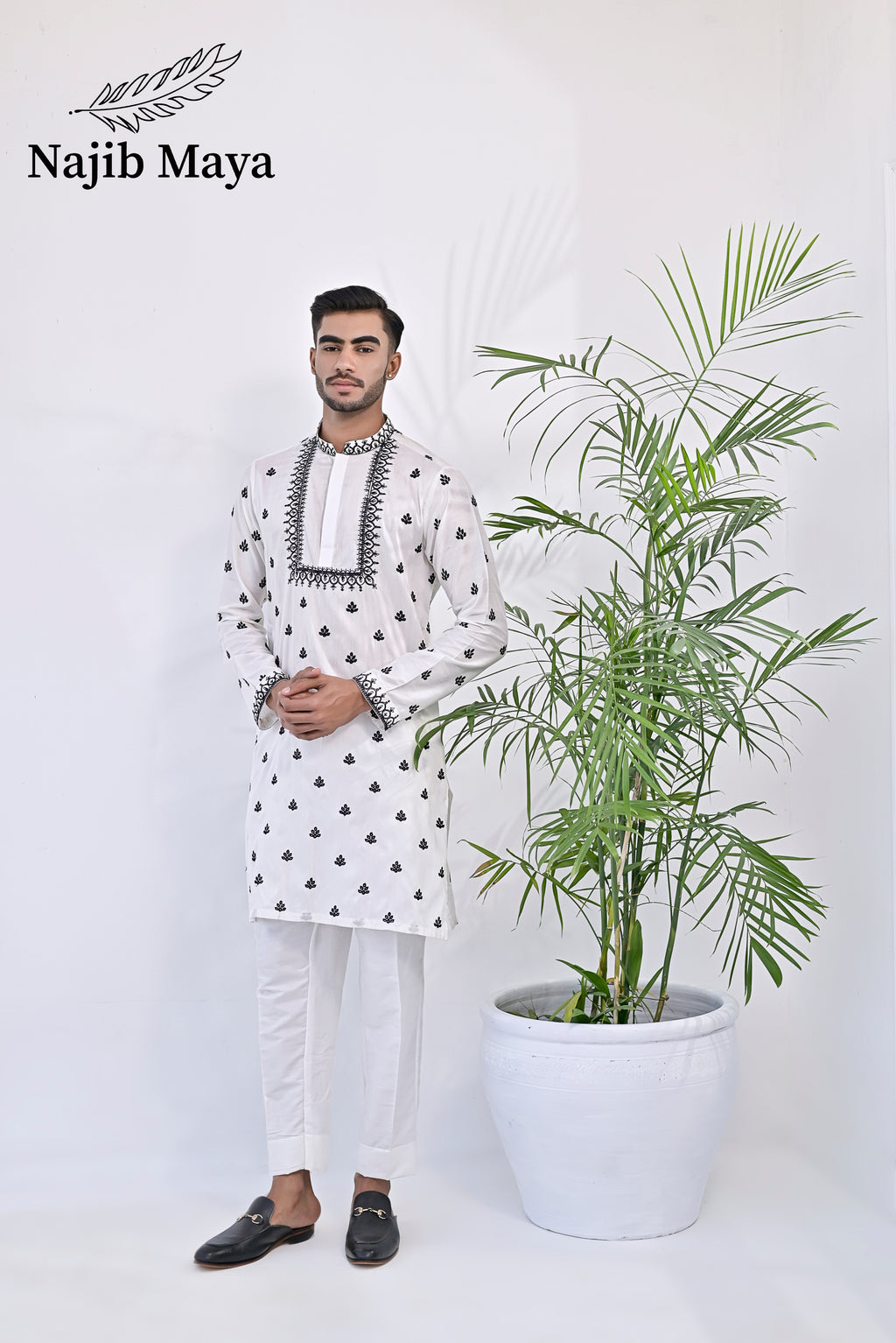 White & Black Embroidery Kurta pajama For Men's