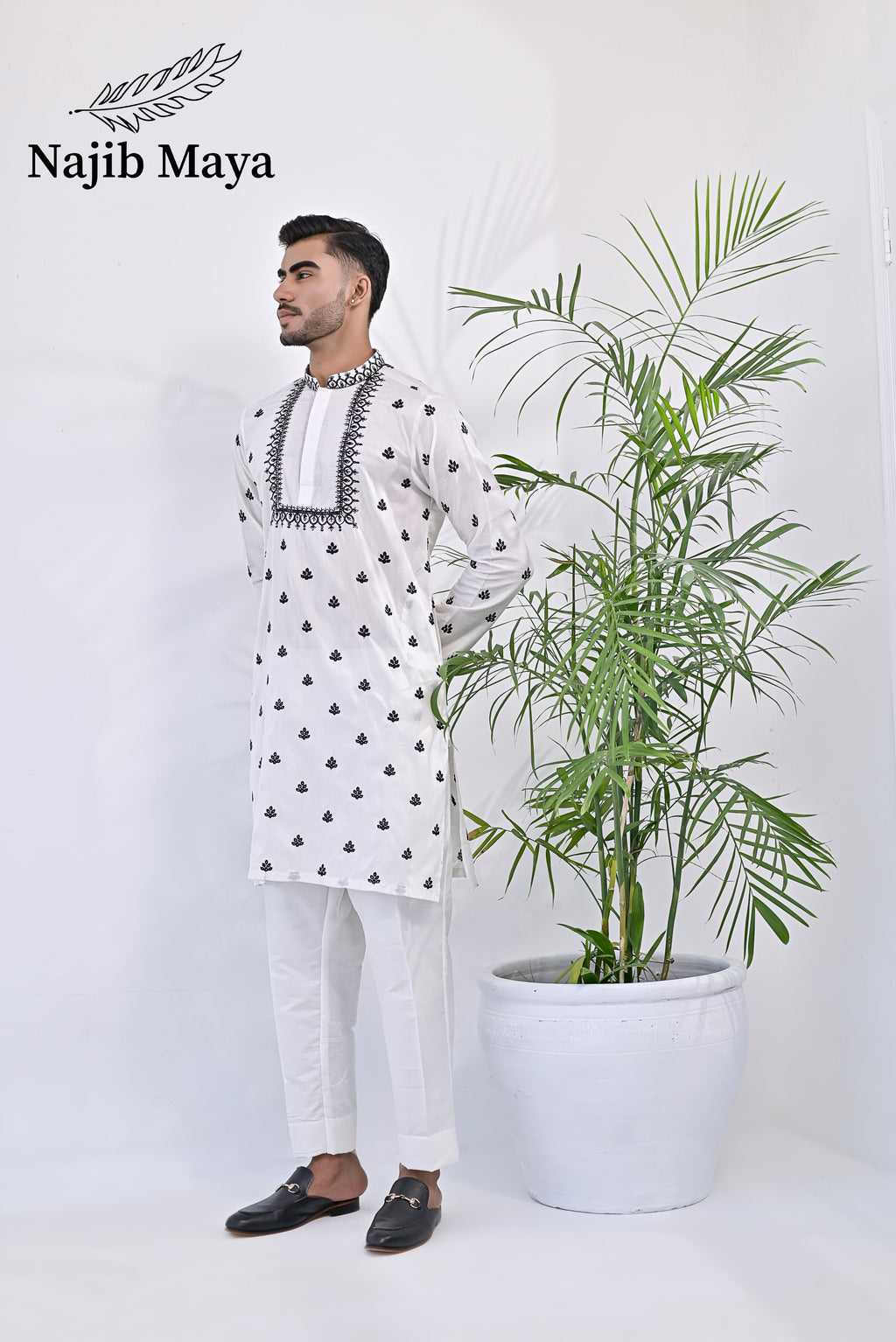 White & Black Embroidery Kurta pajama For Men's