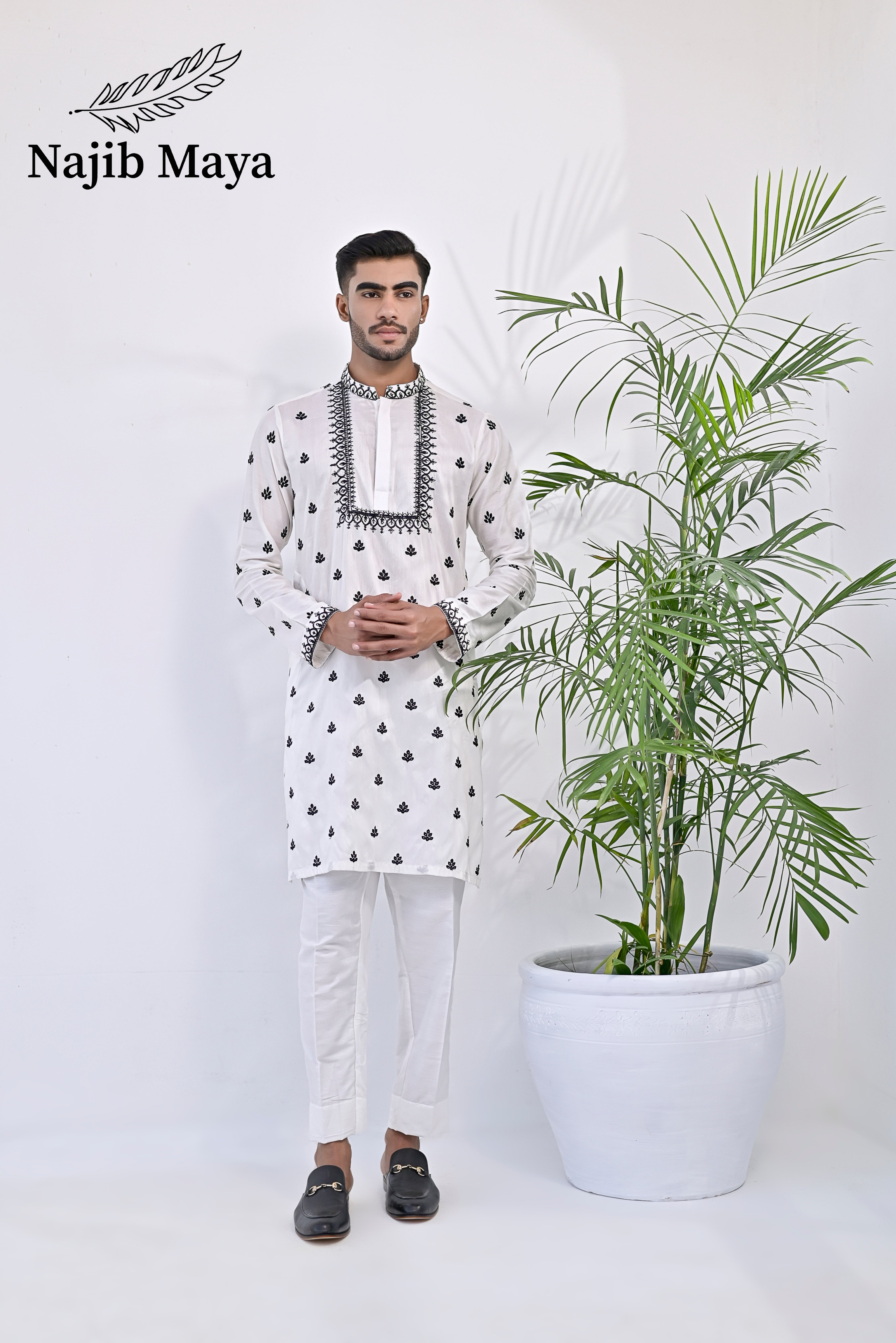 White & Black Embroidery Kurta pajama For Men's Main image