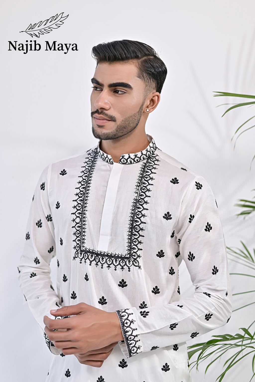 White & Black Embroidery Kurta pajama For Men's