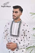 White & Black Embroidery Kurta pajama For Men's
