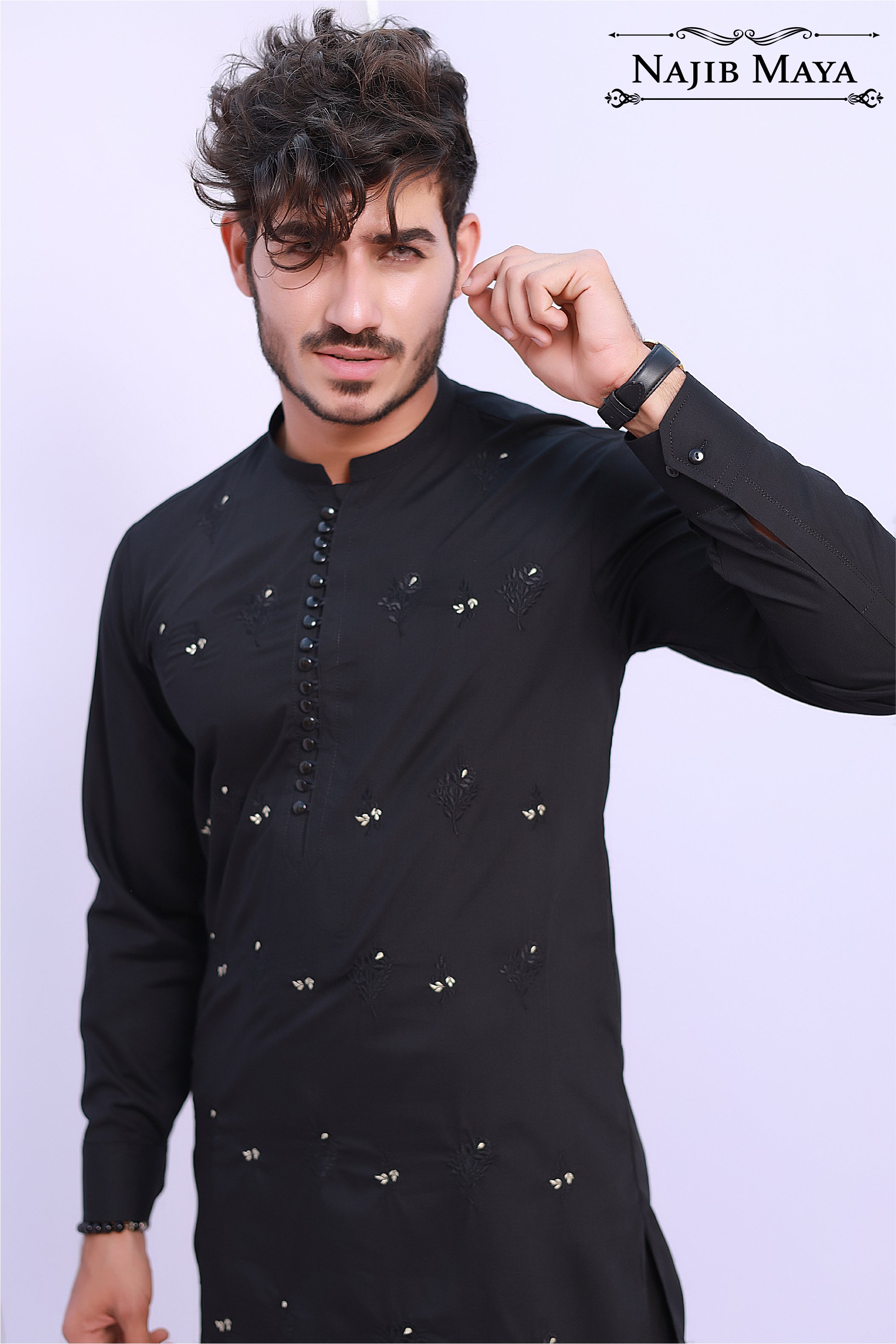Black Embroidery Kurta Pajama For Men's Secondary image