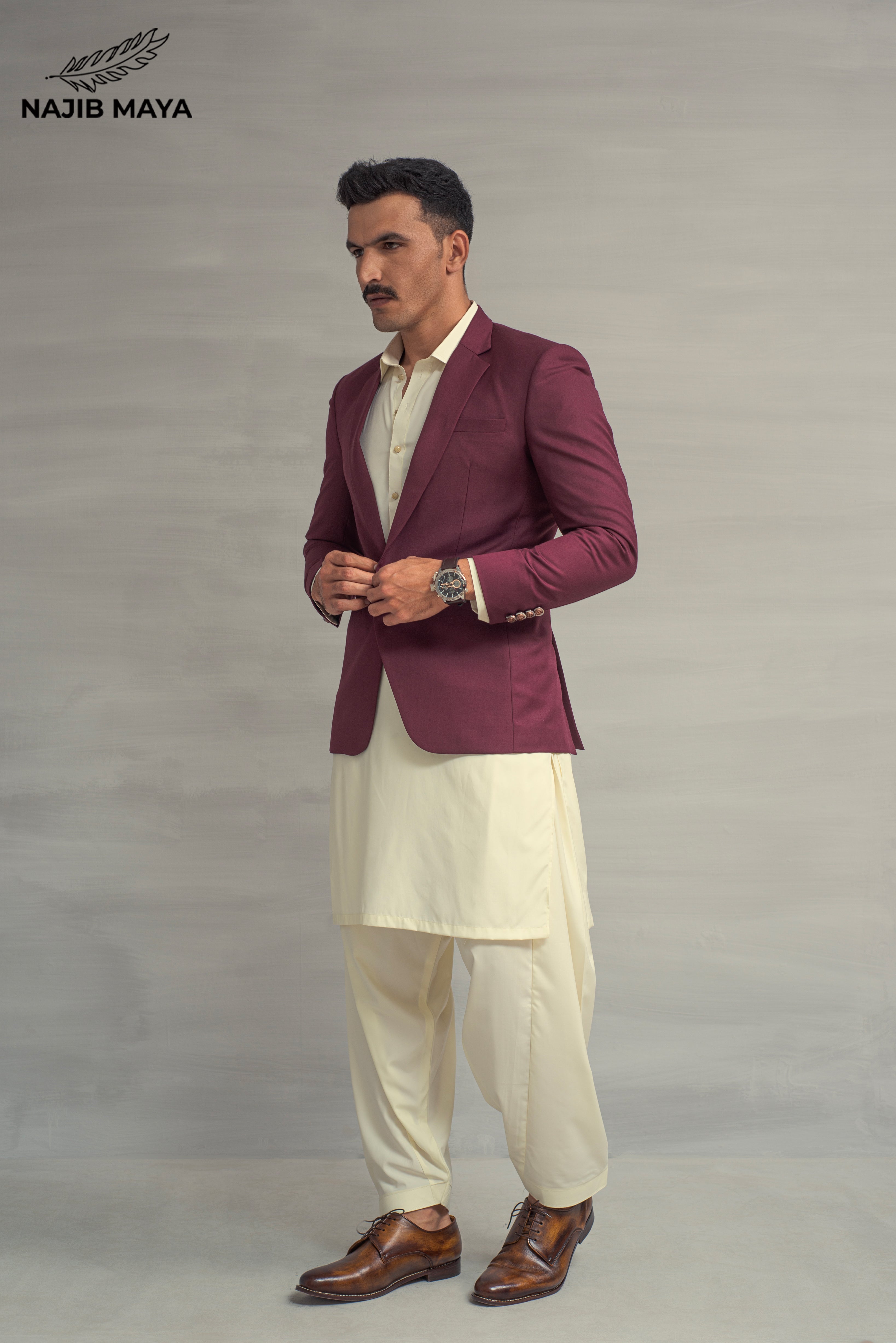 Cream Casual Coat + Maroon Shalwar Kameez For Men's