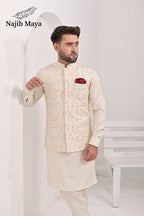 Cream Embroidery Waist Coat & Cream Kurta Pajama For Men's