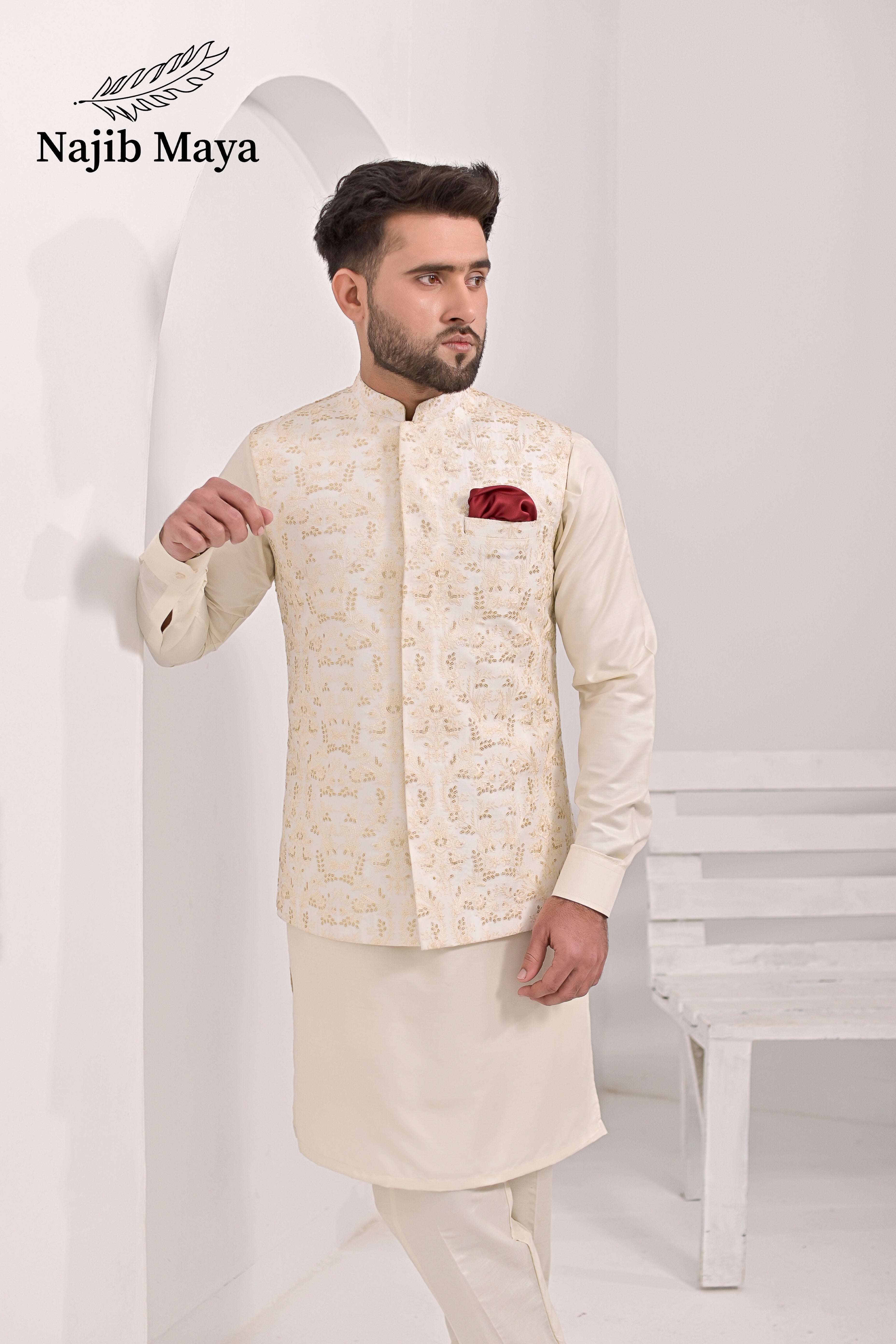 Cream Embroidery Waist Coat & Cream Kurta Pajama For Men's