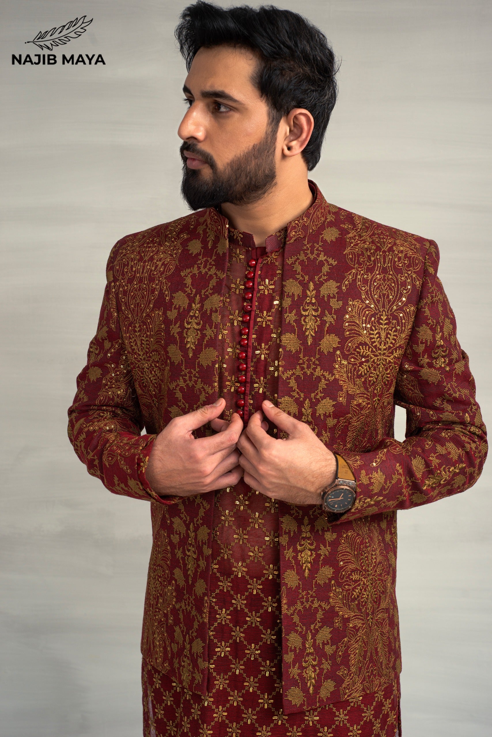 Maroon Golden Embroidery Prince Coat + Maroon Golden Sequence Kurta Pajama For Men's Secondary image