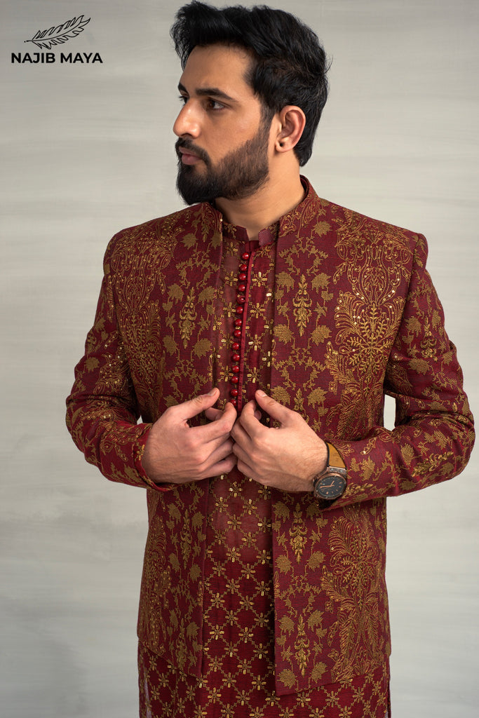 Maroon Golden Embroidery Prince Coat + Maroon Golden Sequence Kurta Pajama For Men's