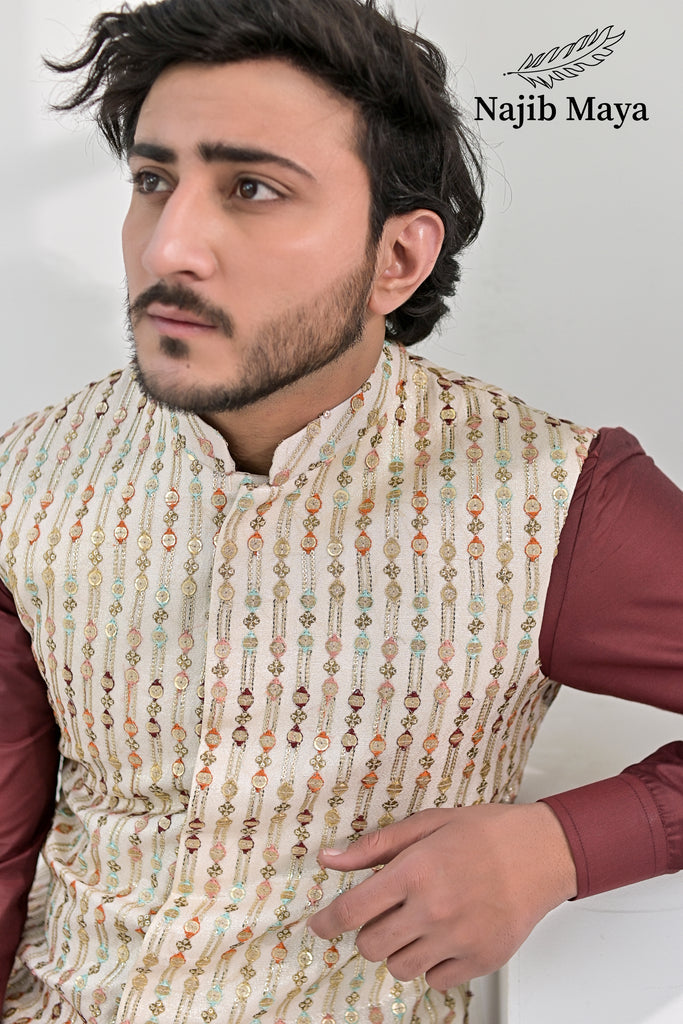 Cream Multi Embroidery Waist Coat & Maroon Kurta Pajama For Men's