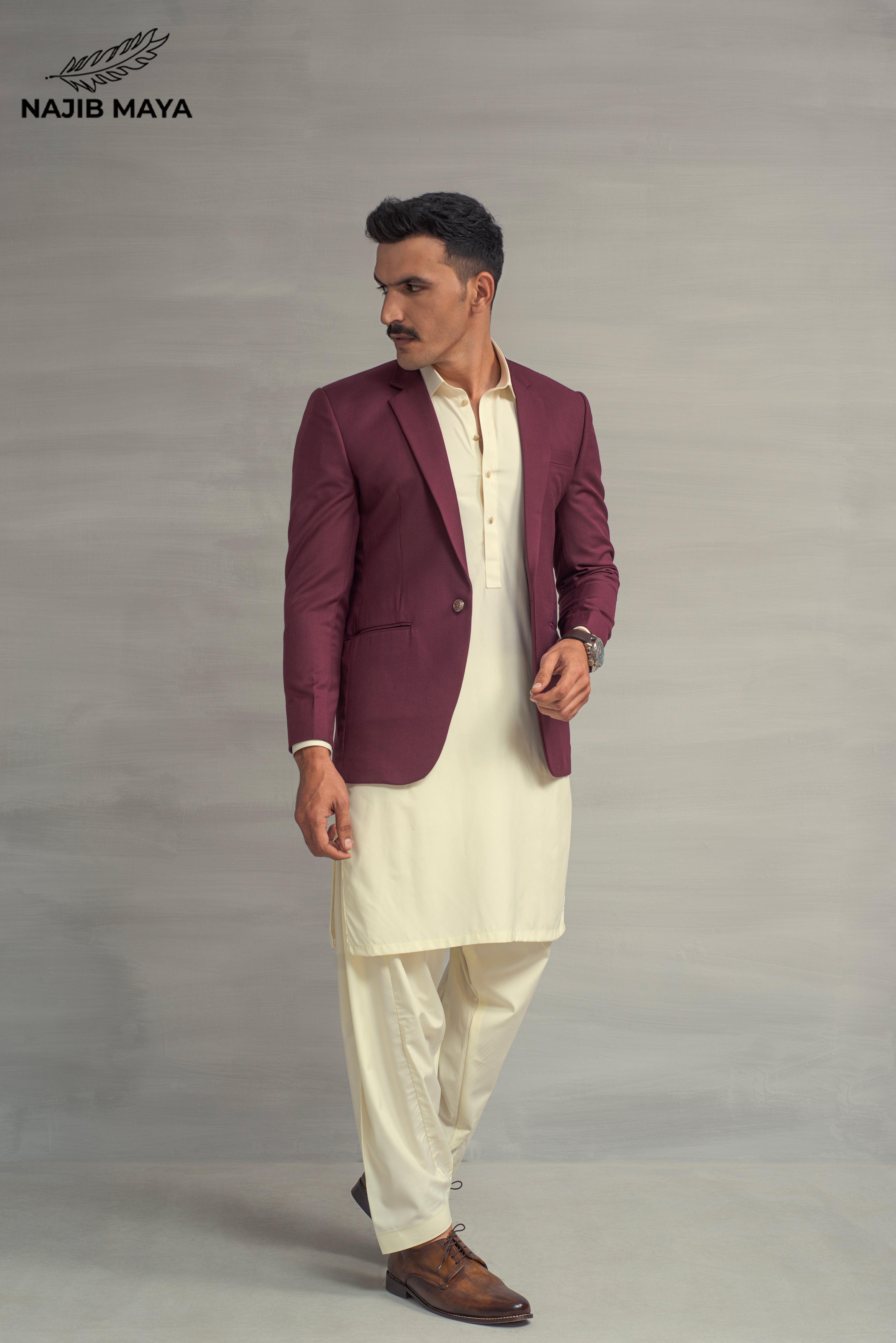 Cream Casual Coat + Maroon Shalwar Kameez For Men's Main image