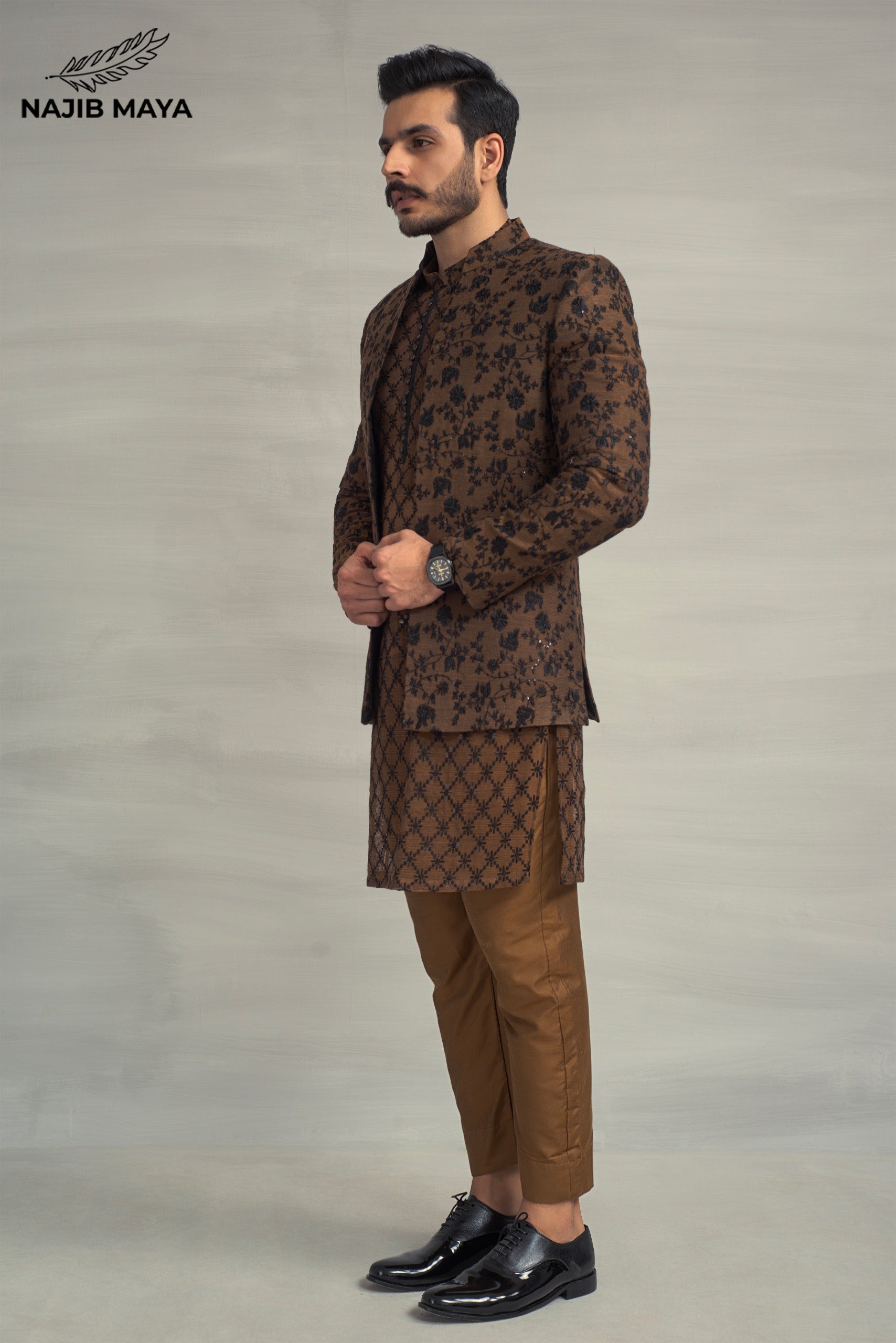 Brown Black Embroidery Prince Coat + Brown Black Sequence Kurta Pajama For Men's Main image