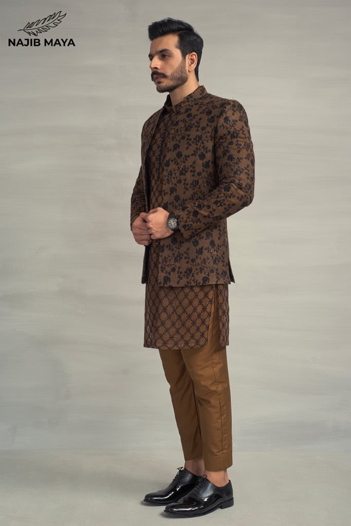 Brown Black Embroidery Prince Coat + Brown Black Sequence Kurta Pajama For Men's