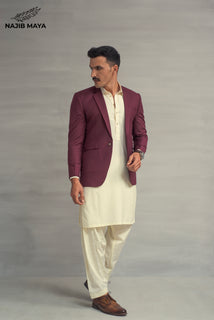 Cream Casual Coat + Maroon Shalwar Kameez For Men's