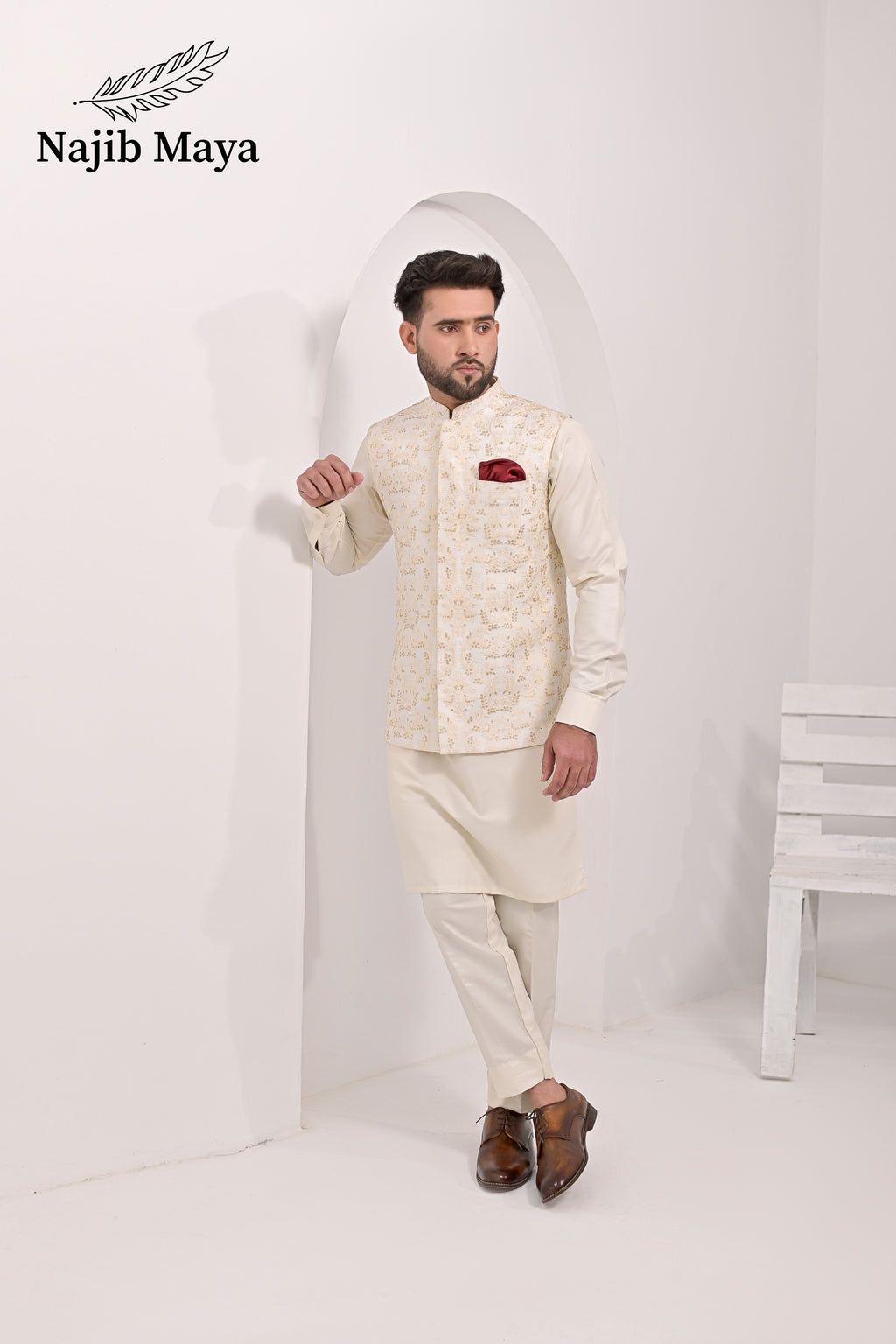 Cream Embroidery Waist Coat & Cream Kurta Pajama For Men's