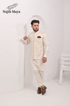 Cream Embroidery Waist Coat & Cream Kurta Pajama For Men's