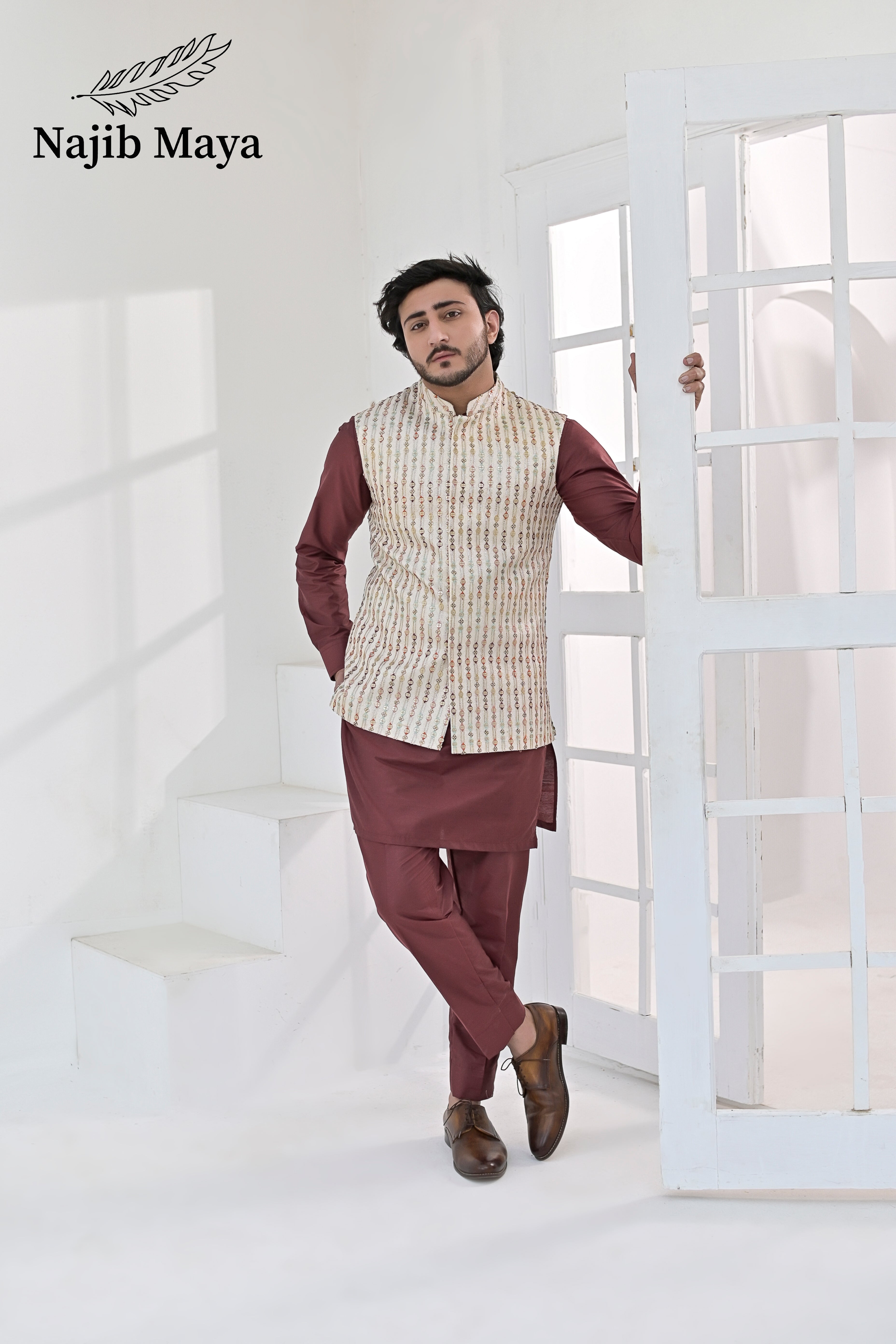 Cream Multi Embroidery Waist Coat & Maroon Kurta Pajama For Men's Main image