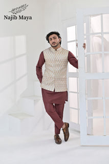 Cream Multi Embroidery Waist Coat & Maroon Kurta Pajama For Men's