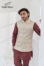Cream Multi Embroidery Waist Coat & Maroon Kurta Pajama For Men's
