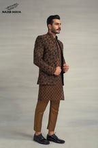 Brown Black Embroidery Prince Coat + Brown Black Sequence Kurta Pajama For Men's