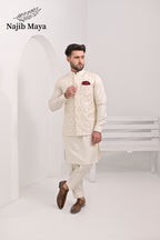 Cream Embroidery Waist Coat & Cream Kurta Pajama For Men's