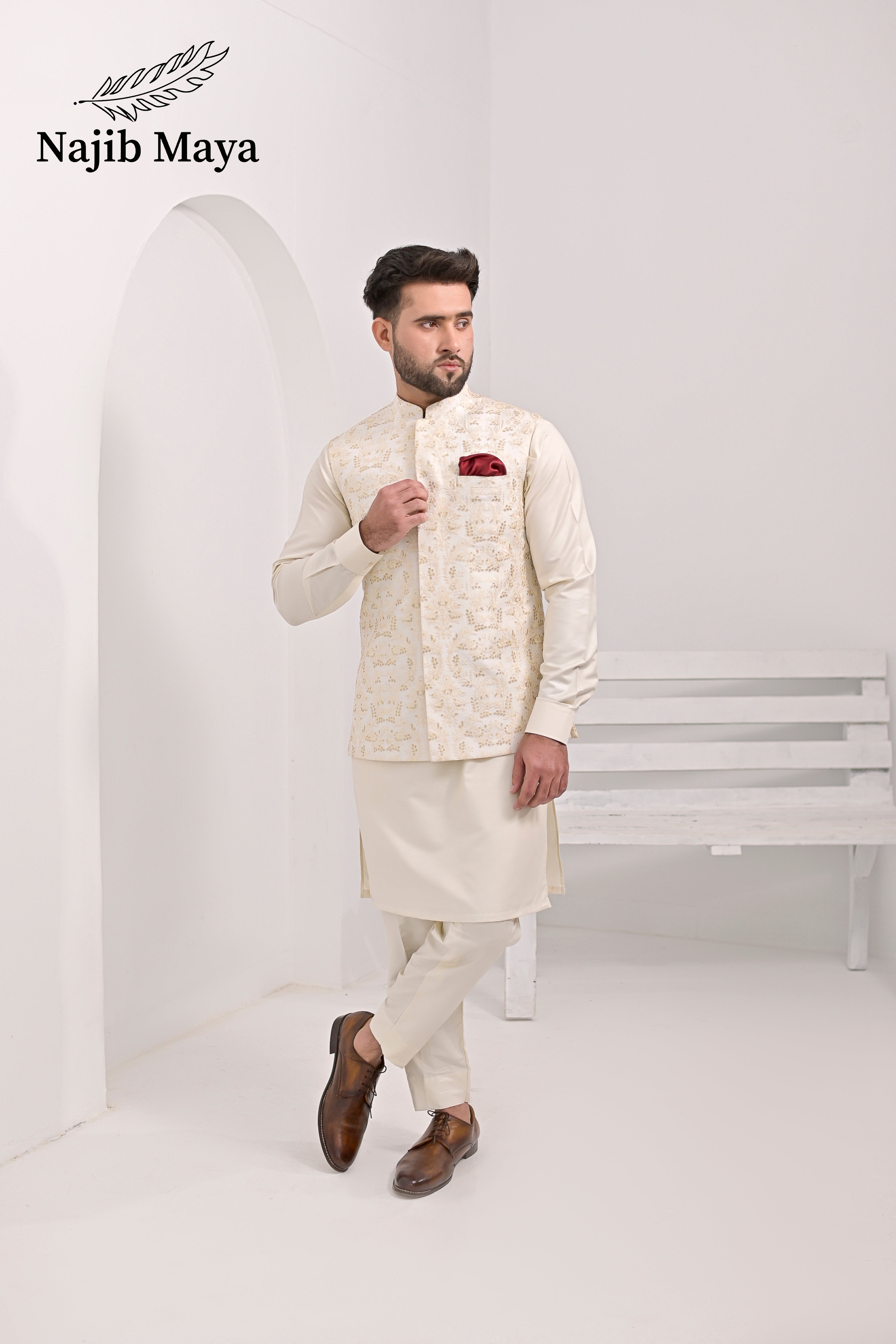 Cream Embroidery Waist Coat & Cream Kurta Pajama For Men's