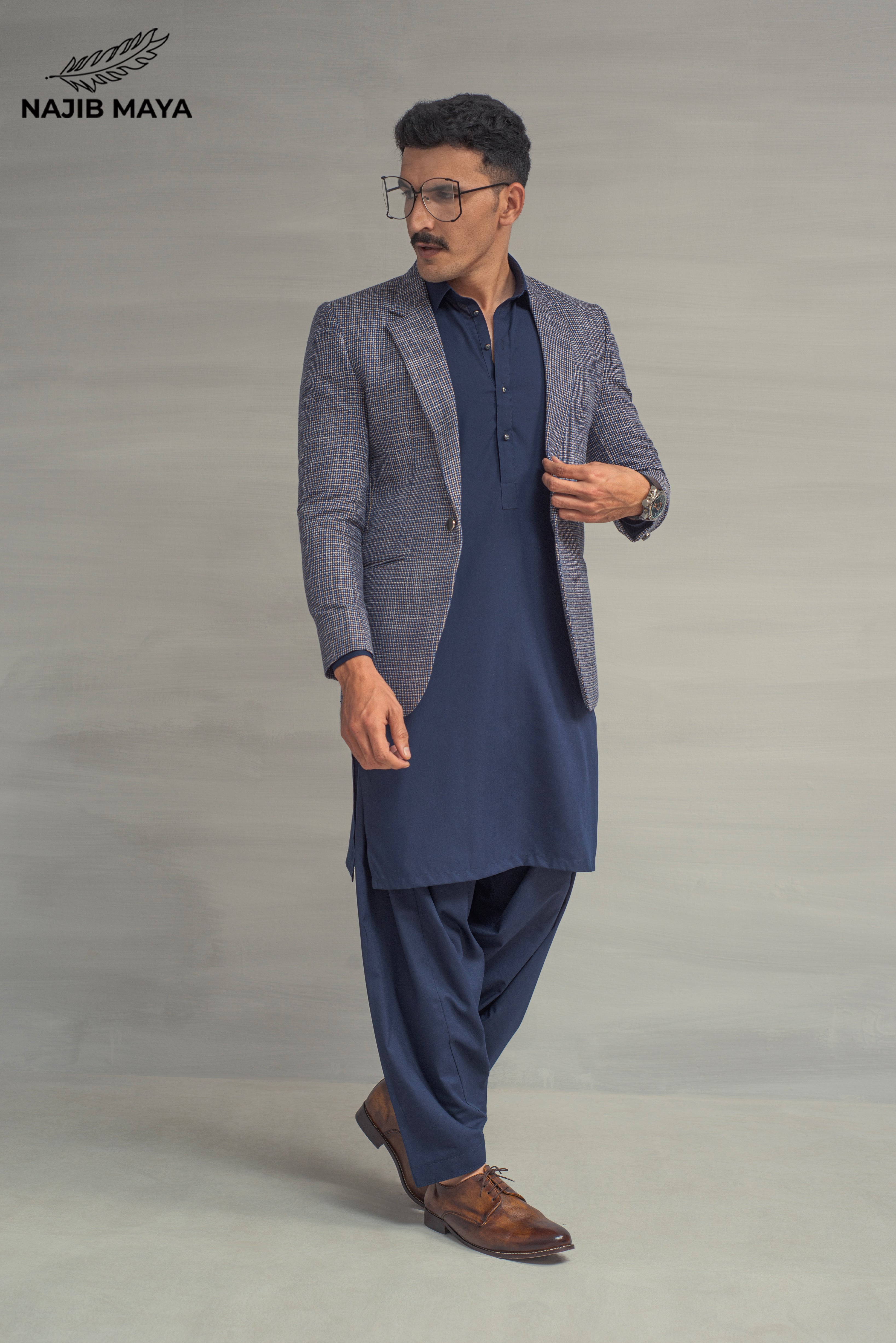 Blue Texture Casual Coat + Navy Blue Shalwar Kameez For Men's Main image