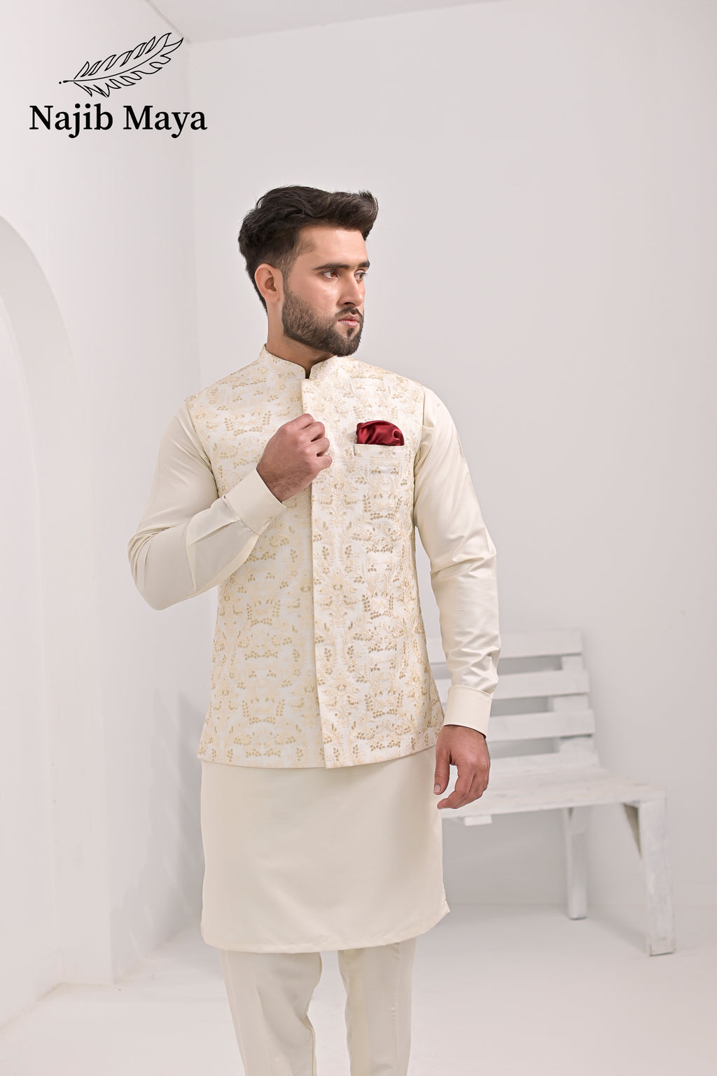 Cream Embroidery Waist Coat & Cream Kurta Pajama For Men's