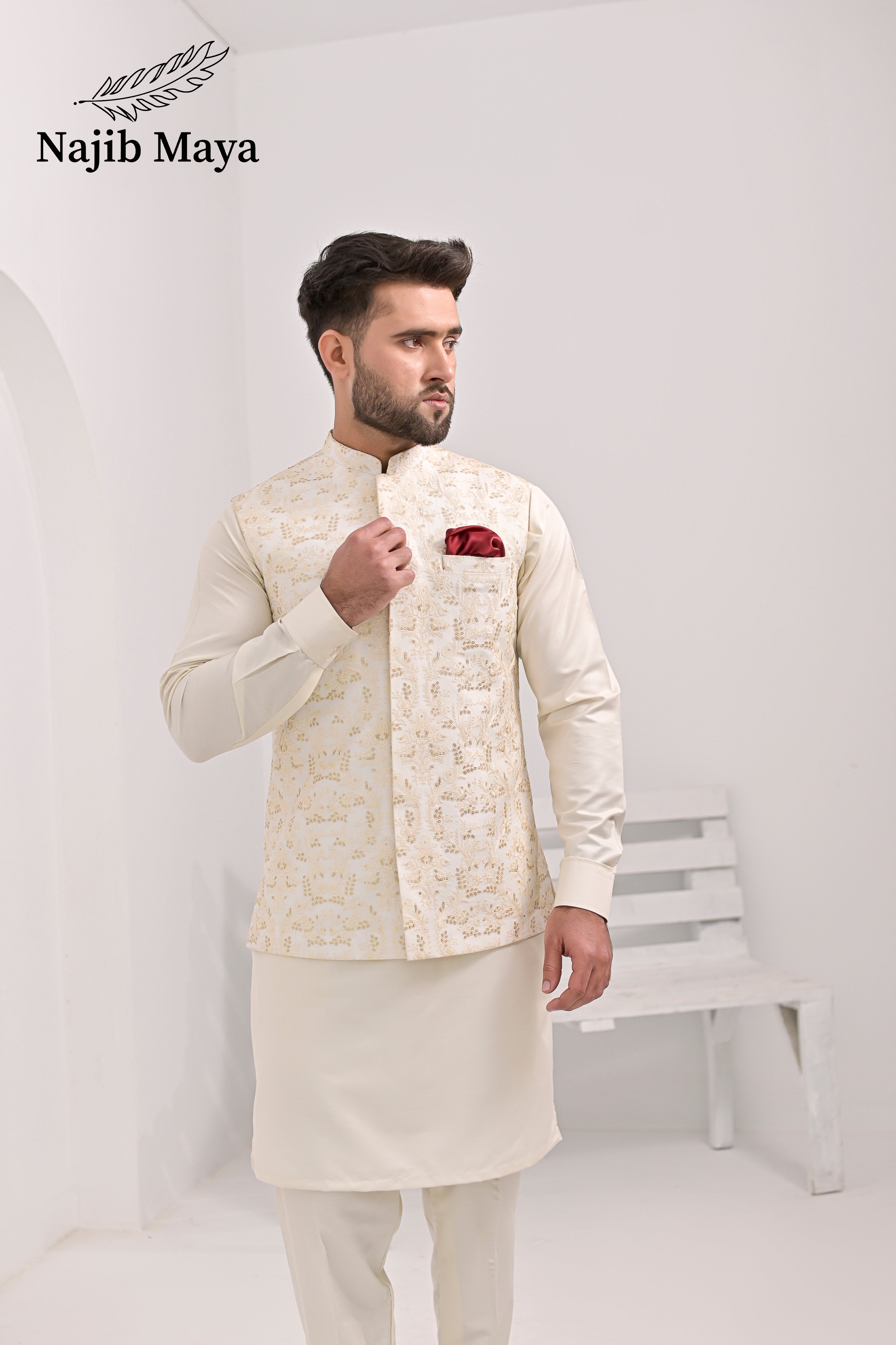 Cream Embroidery Waist Coat & Cream Kurta Pajama For Men's
