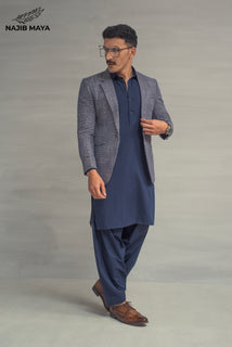 Blue Texture Casual Coat + Navy Blue Shalwar Kameez For Men's