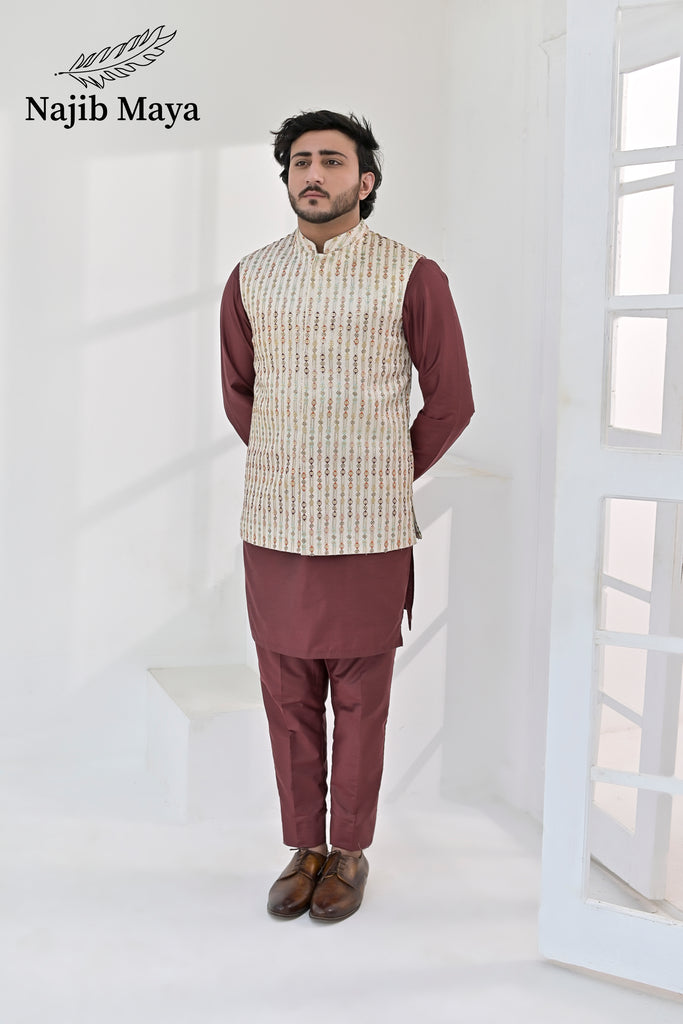 Cream Multi Embroidery Waist Coat & Maroon Kurta Pajama For Men's