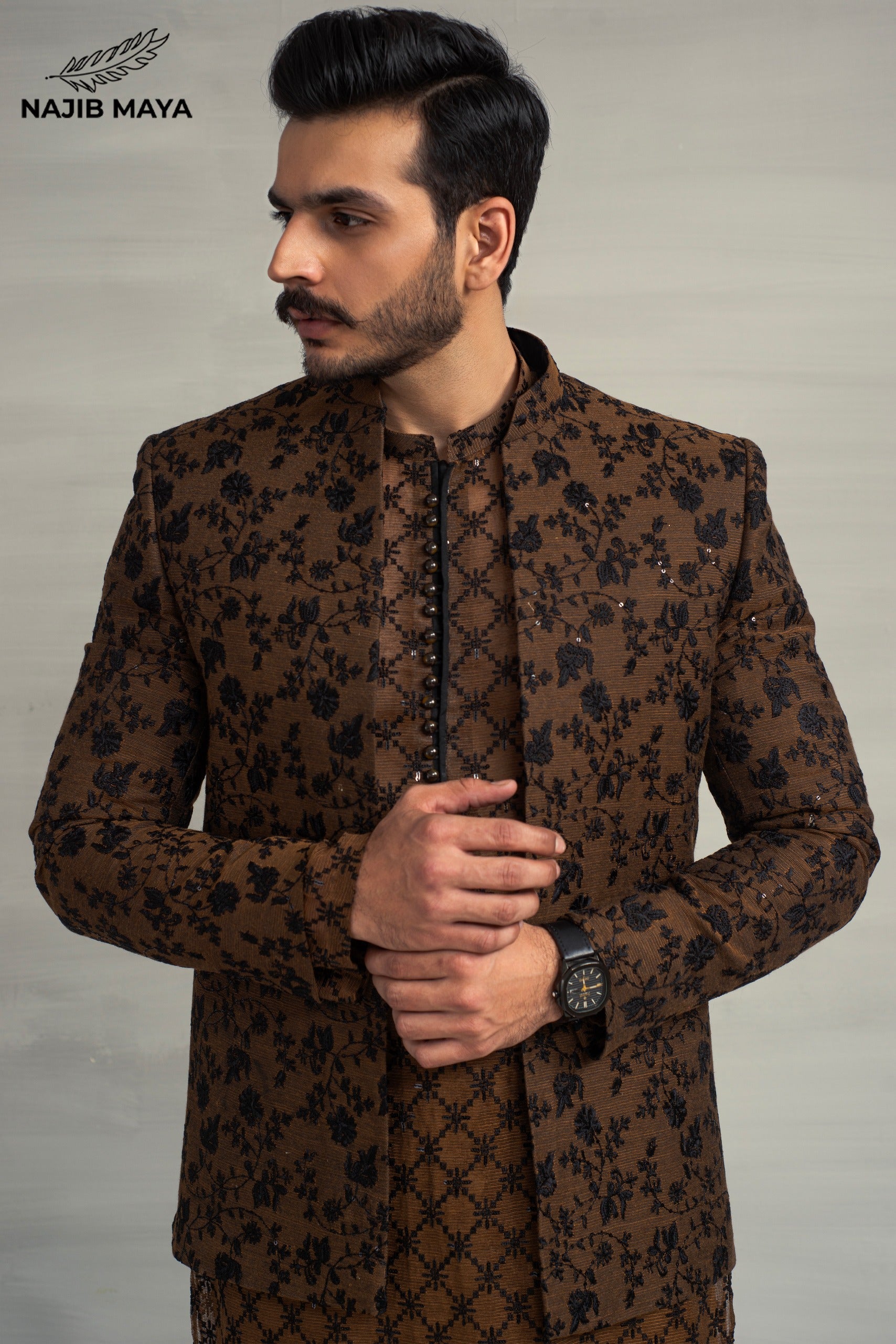 Brown Black Embroidery Prince Coat + Brown Black Sequence Kurta Pajama For Men's Secondary image