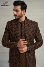 Brown Black Embroidery Prince Coat + Brown Black Sequence Kurta Pajama For Men's