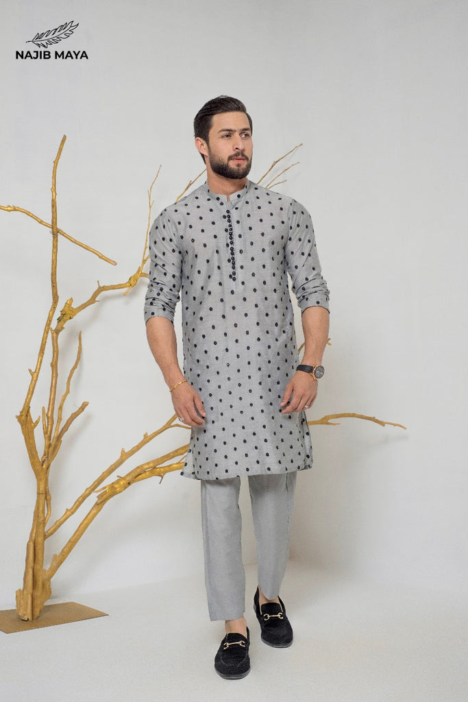 Grey Black Dots Embroidery  Kurta Pajama For Men's