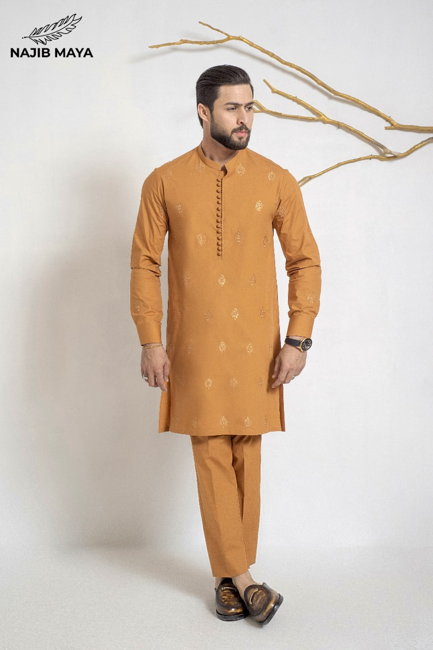 Rust Stylish Embroidered Kurta Pajama For Men's
