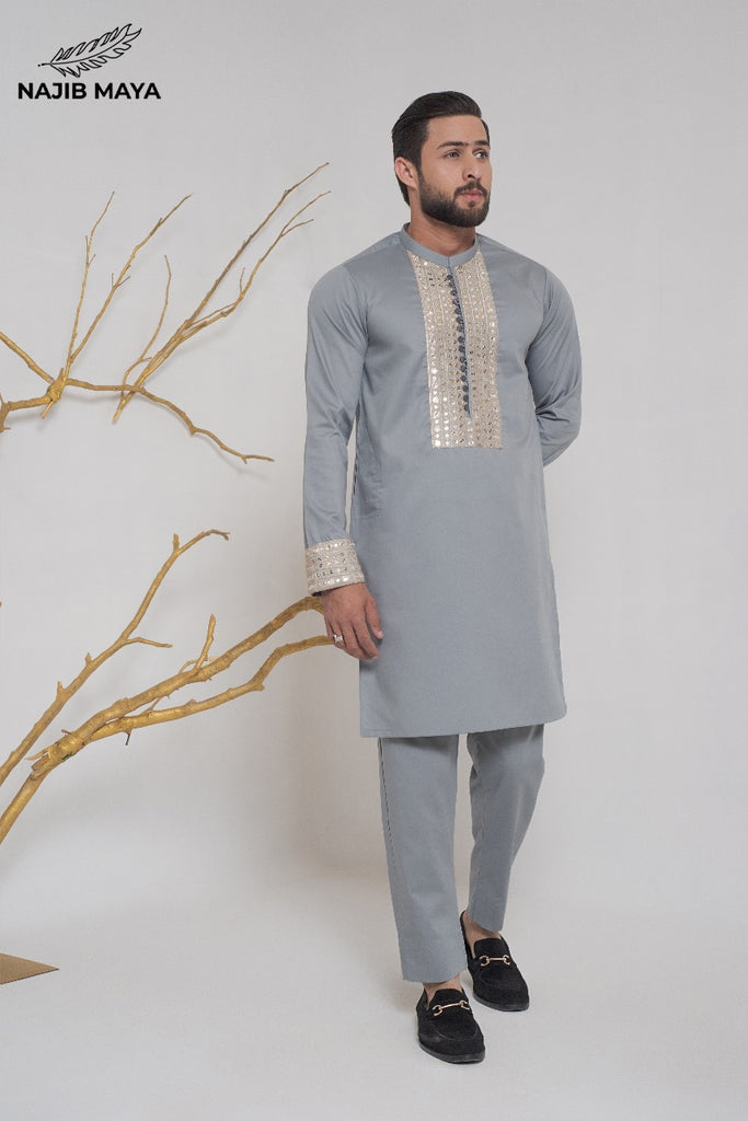 Grey Stylish Kurta Pajama + Shawl For Men's