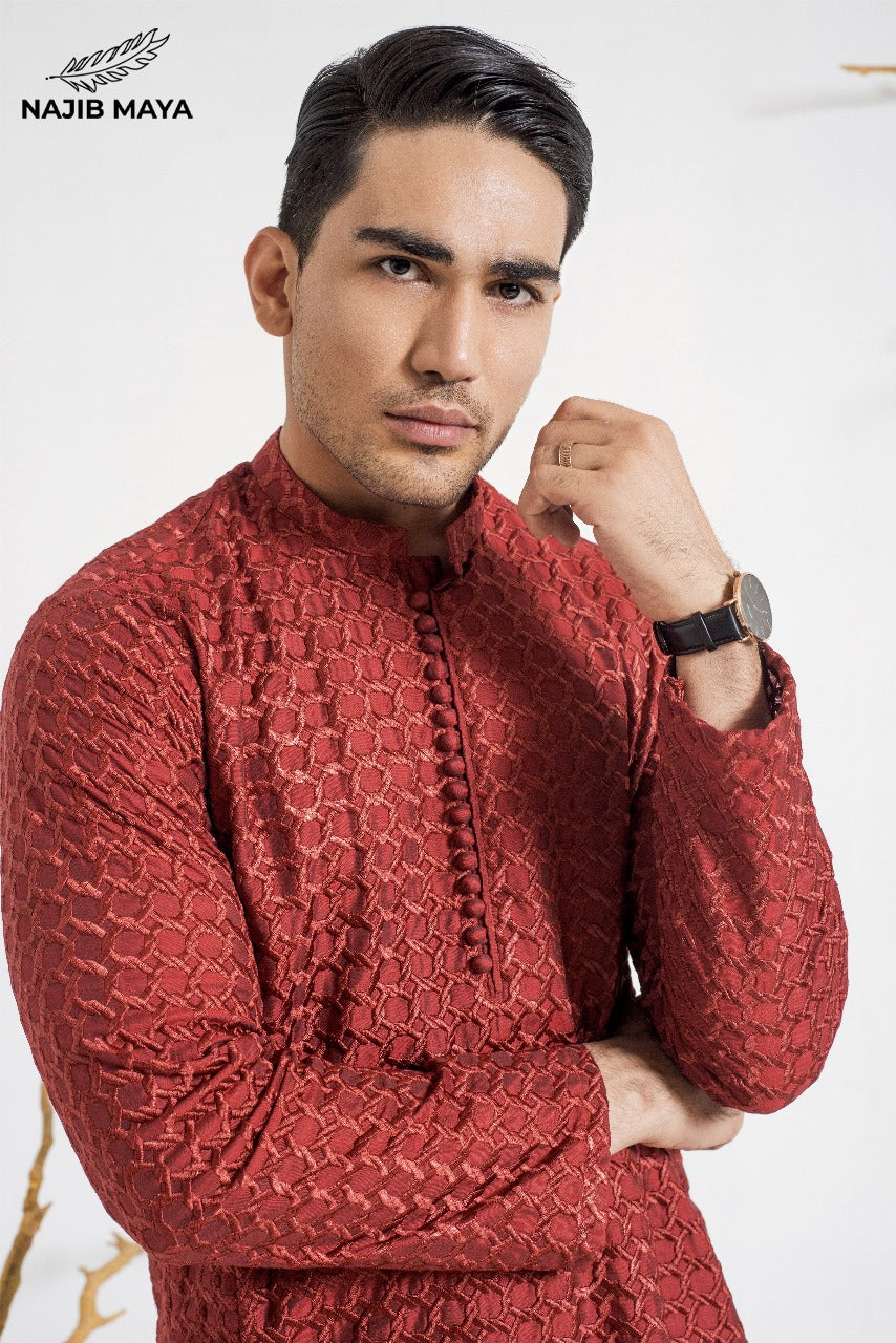 Maroon Stylish Embroidery Kurta Pajama For Men's Secondary image