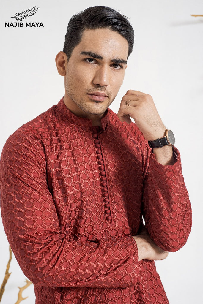 Maroon Stylish Embroidery Kurta Pajama For Men's