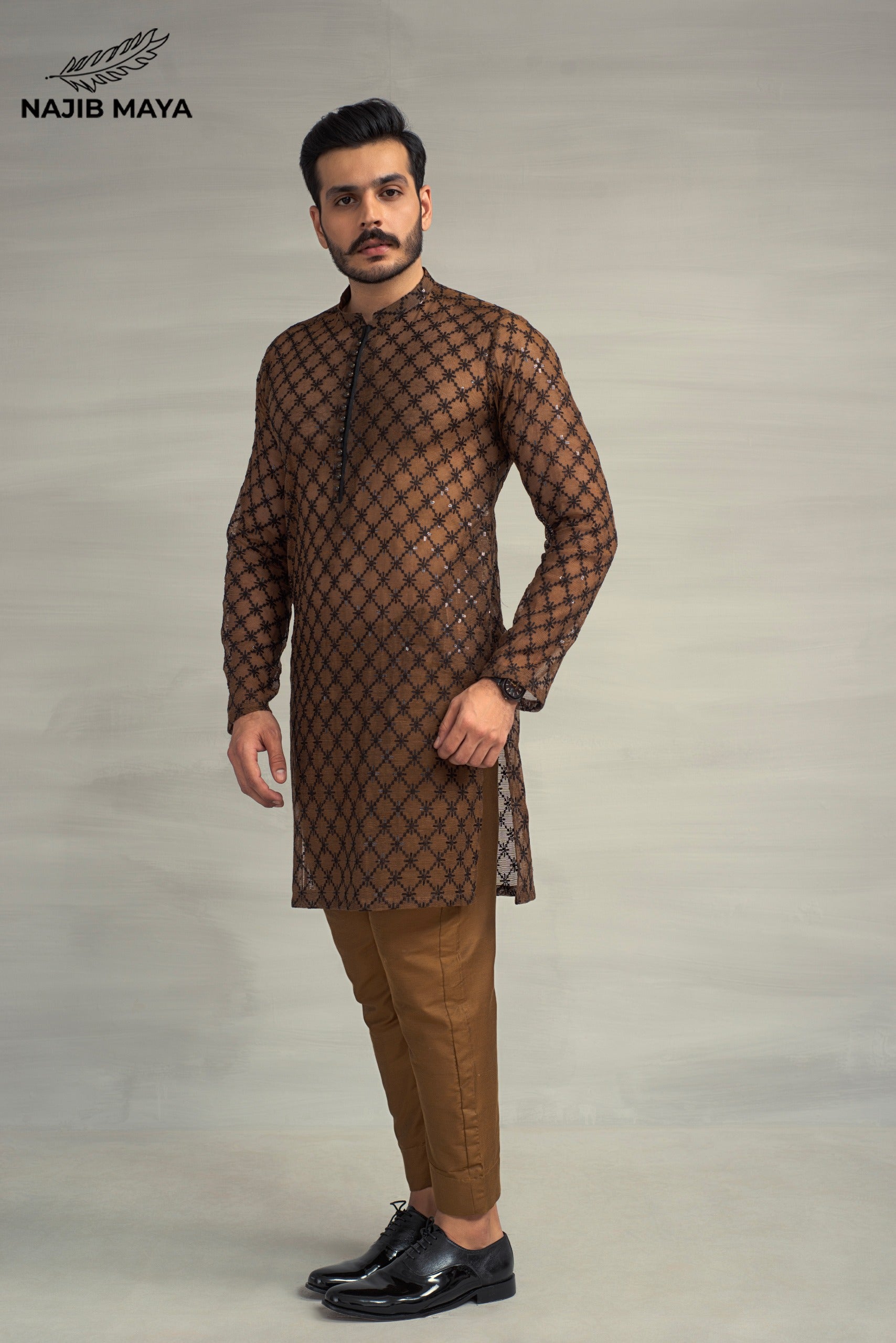 Brown Black Embroiderey Sequence Kurta Pajama For Men's Main image