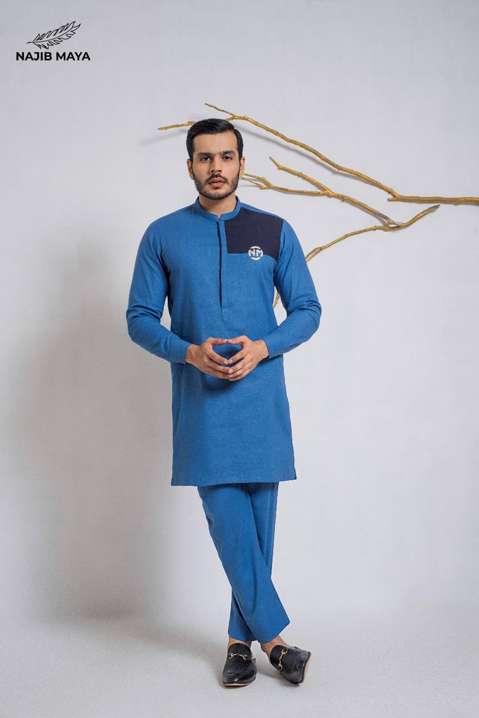 Blue Embroidered Logo Kurta Pajama For Men's