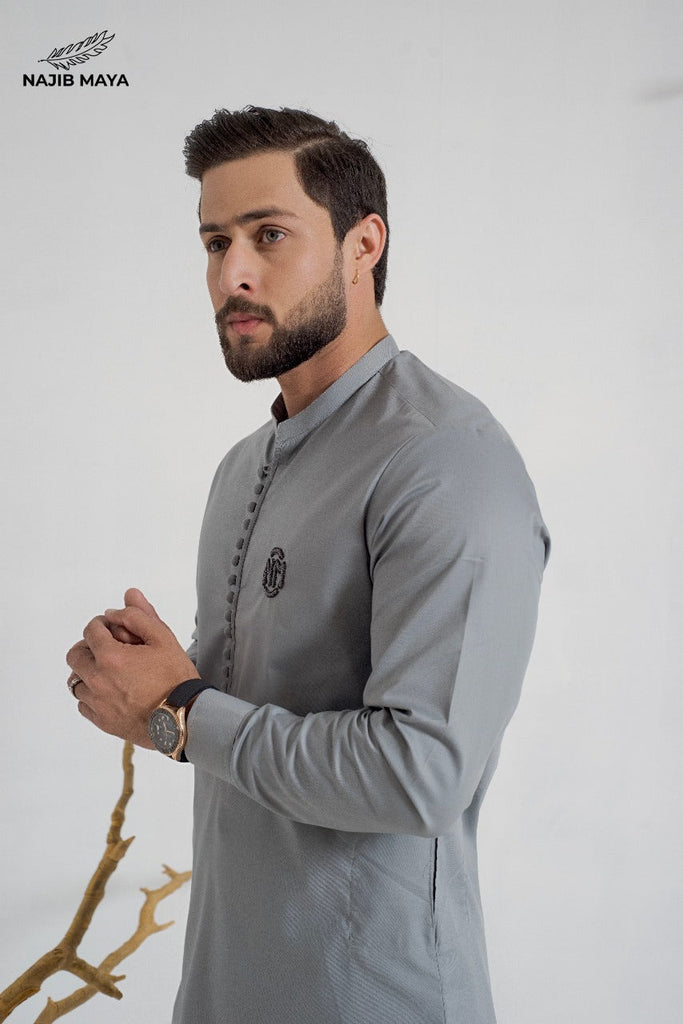 Grey Embroidered Logo Kurta Pajama For Men's