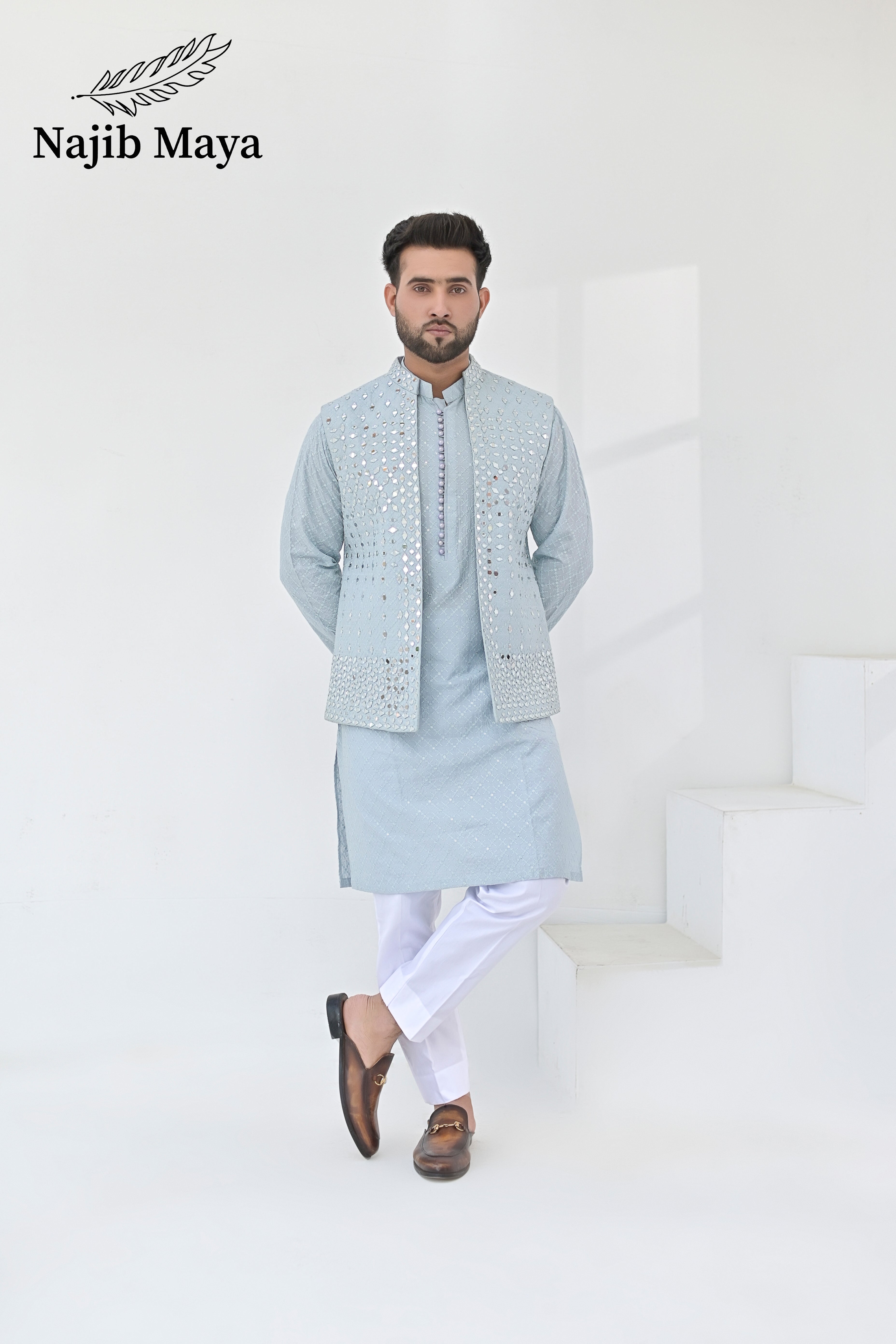 Powder Blue Embroidery + Mirror Work Waist Coat & Powder Blue Embroidery Kurta Pajama For Men's Main image