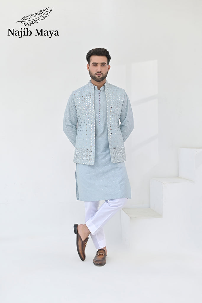 Powder Blue Embroidery + Mirror Work Waist Coat & Powder Blue Embroidery Kurta Pajama For Men's