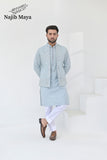 Powder Blue Embroidery + Mirror Work Waist Coat & Powder Blue Embroidery Kurta Pajama For Men's