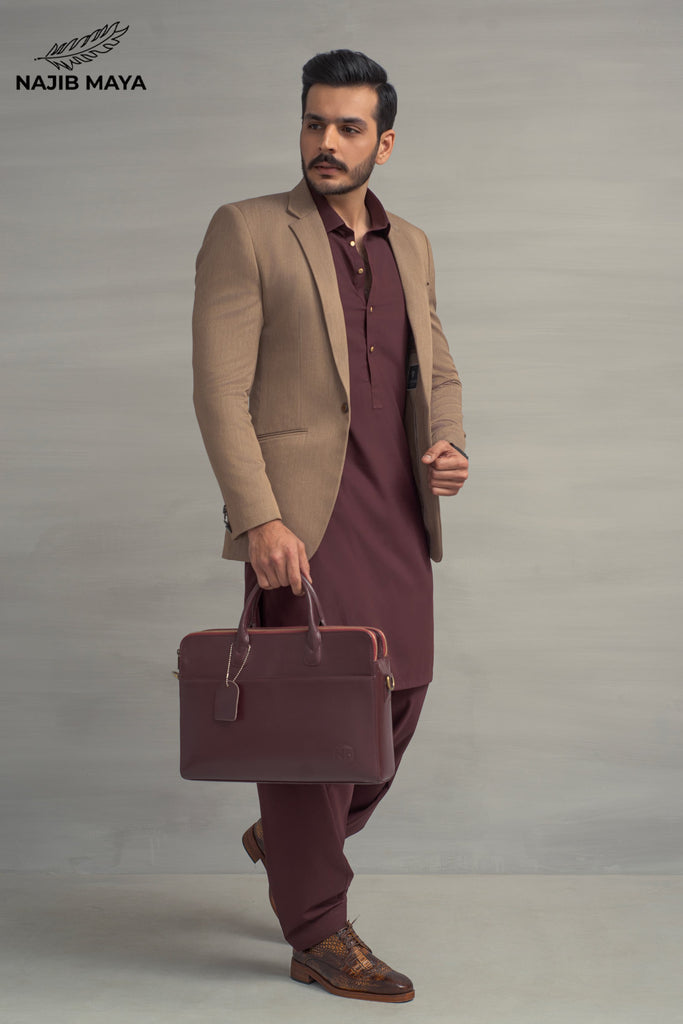 Brown Elegant Casual Coat + Maroon Shalwar Kameez For Men's