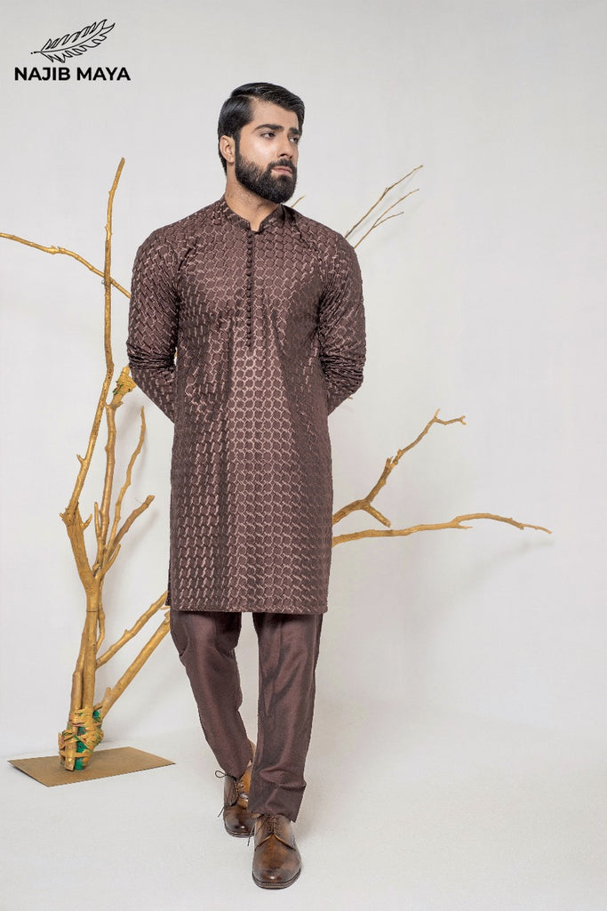 Brown Stylish Embroidery Kurta Pajama For Men's