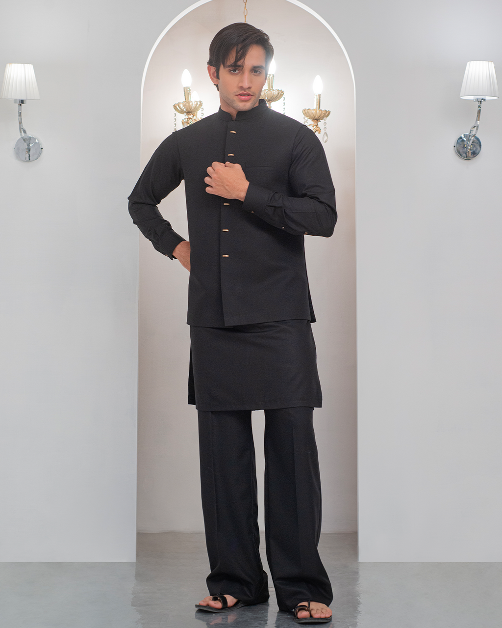 Black Kurta Bell Bottom Pajama + Waist Coat For Men's