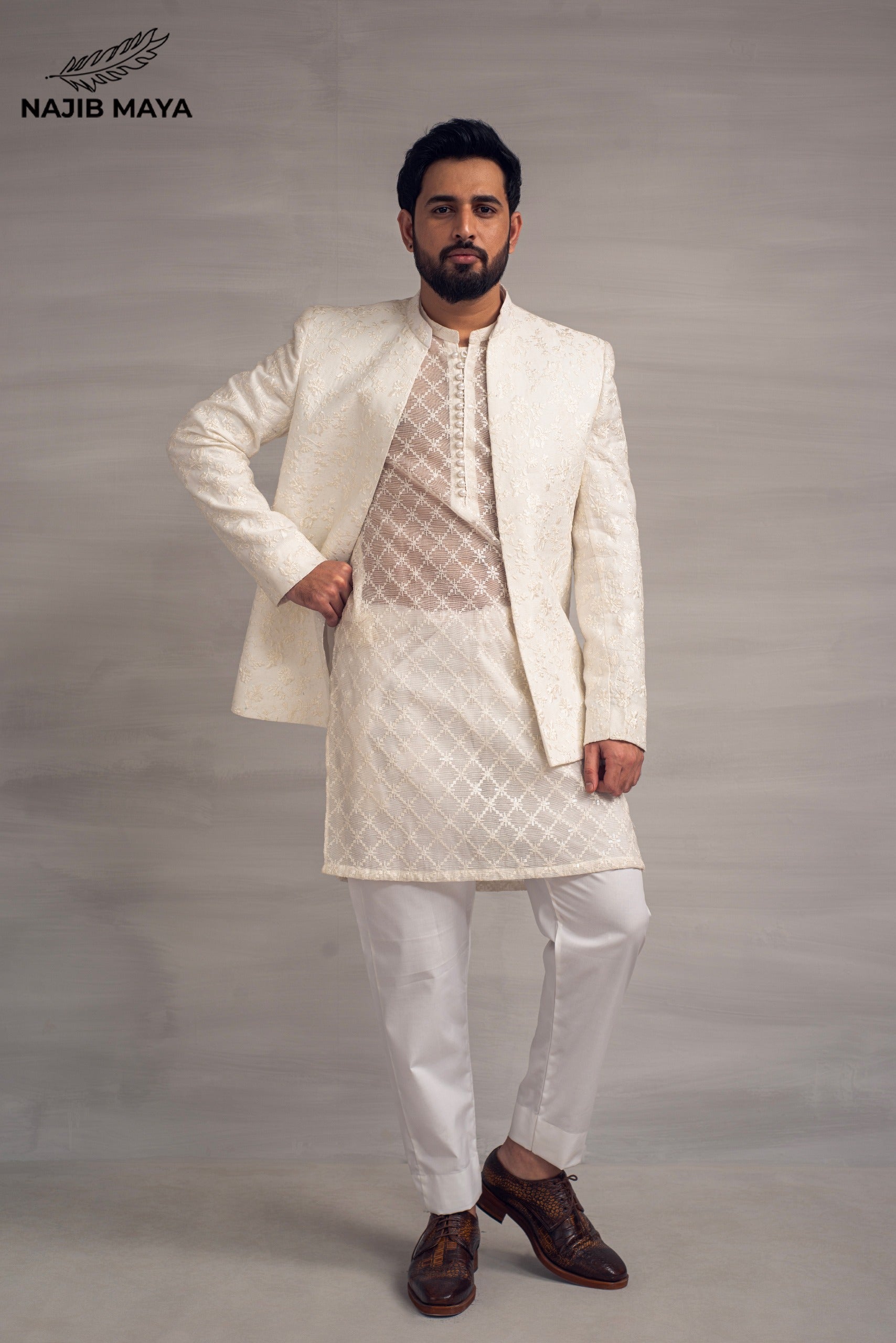 White Embroidery Prince Coat + White Sequence Kurta Pajama For Men's Main image
