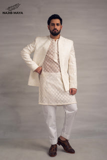 White Embroidery Prince Coat + White Sequence Kurta Pajama For Men's