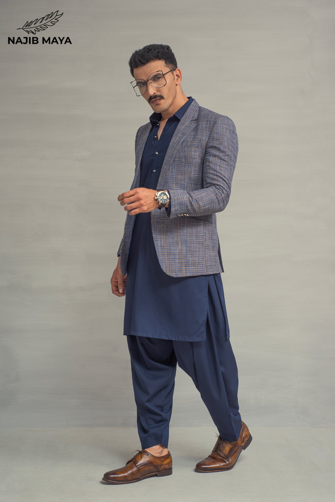 Blue Texture Casual Coat + Navy Blue Shalwar Kameez For Men's