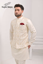 Cream Embroidery Waist Coat & Cream Kurta Pajama For Men's